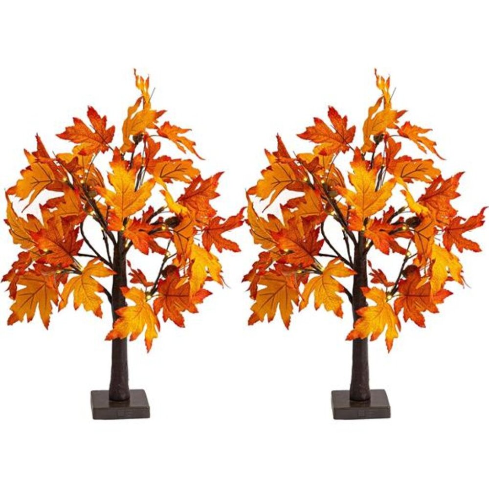 2Pack 24Inch Lighted Thanksgiving Fall Maple Tree Decor, 24 LED Battery Operated